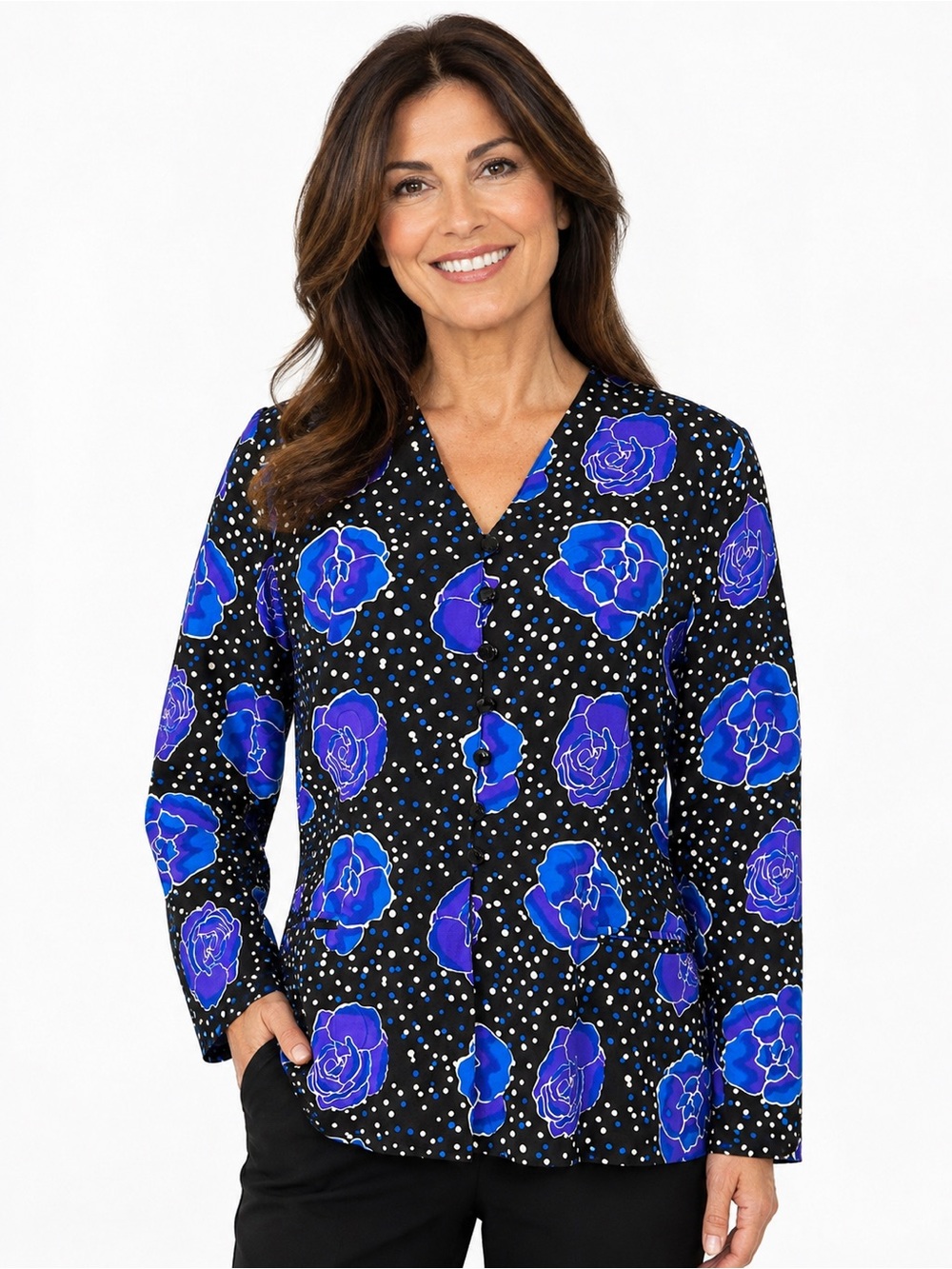 Silk Studio Women’s Black Button-Front Top with Blue Floral Print
